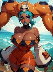 absolute_territory ai_generated cerebella cleavage female hourglass_figure huge_breasts looking_at_viewer makimass_ai shoulderless_dress skullgirls video_games wide_hips