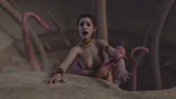 1girls 3d alexbridger brown_eyes brown_hair harem_girl harem_outfit imminent_vore medium_breasts princess_leia_organa sarlacc scared slave slave_collar slave_leia slave_outfit slavegirl star_wars tentacle topless wrapped_in_tentacles