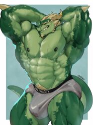 2023 anthro big_bulge big_muscles bodily_fluids briefs bulge clothed clothing dragon green_body green_nipples green_scales grin hands_behind_head hi_res horn huge_bulge huge_muscles looking_at_viewer male muscular muscular_anthro muscular_male mythological_creature mythological_scalie mythology nipples oldshep pose scales scalie simple_background smile solo solo_male standing sweat topless underwear underwear_only yellow_eyes