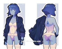 1girls animification ass ass_visible_through_thighs back blue_eyes blue_hair blue_skin cartoon_network collarbone colored_skin commentary cosplay dav-19 english_commentary female fingerless_gloves gem gem_(species) ghost_in_the_shell gloves hand_on_own_hip jacket jacket_over_shoulder kusanagi_motoko kusanagi_motoko_(cosplay) lapis_lazuli_(steven_universe) leather leather_jacket leotard multiple_views photoshop_(medium) short_hair solo steven_universe thigh_gap thighhighs thighs unworn_jacket white_background