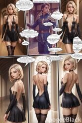 ai_generated apogeeblack ashe_(league_of_legends) bare_shoulders black_dress blonde_hair breasts choker cleavage comic dress gloves green_eyes league_of_legends male navel realistic short_hair thighhighs