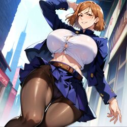 1girls ai_generated alternate_breast_size big_breasts bostin breasts busty curvaceous curvy curvy_body curvy_female curvy_figure female huge_breasts jujutsu_kaisen kugisaki_nobara large_breasts nipples outdoors school_uniform skirt solo sweat sweating sweaty sweaty_body sweaty_breasts thick_thighs thighs upskirt venus_body