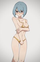 1girls alternate_costume areola_slip areolae ass_visible_through_thighs bare_arms bare_legs bare_midriff beruka_(fire_emblem) beruka_adon bikini blue_hair breasts cleavage covering covering_breasts covering_crotch embarrassed female female_only fire_emblem fire_emblem_fates gold_bikini gold_swimsuit legs light_blue_hair midriff nintendo short_hair small_breasts solo sweat swimsuit yellow_bikini yellow_swimsuit