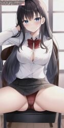 ai_generated anime anime_style big_breasts black_hair black_skirt blue_eyes bowtie breasts female female_only legs_spread panties red_bowti red_bowtie red_panties red_tie school school_uniform schoolgirl schoolgirl_uniform shirt sitting sitting_on_chair skirt soli_sketch spread_legs thick_thighs thighs tie white_shirt