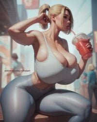 ai_generated blonde_hair breast_squish breasts_bigger_than_head c18aiart drink drinking gigantic_breasts gym_uniform leggings massive_breasts sideboob slim_waist sports_bra sportswear sweat sweatdrop sweating thick_thighs