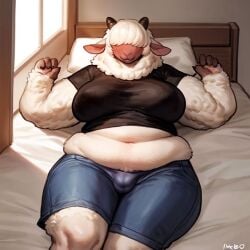 ai_generated anthro big_breasts blush clothed clothing domestic_sheep furry futanari huge_breasts overweight sheep small_bulge wool_(fur)