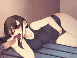 arima_senne breasts brown_hair censored female glasses hand_in_panties hand_in_swimsuit highres human kashiwamochi_yomogi large_breasts long_hair male masturbation one-piece one-piece_swimsuit oral original panties penis red_eyes school_swimsuit straight swimsuit underwear