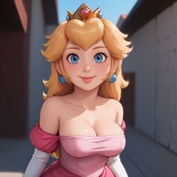 1girls ai_generated blonde_hair blue_eyes breasts butts69420 crown dress earrings female female_focus female_only gloves high_resolution highres looking_at_viewer mario_(series) nintendo no_bra princess_peach ruffles shiny_lips shoulders stable_diffusion strapless strapless_dress white_gloves
