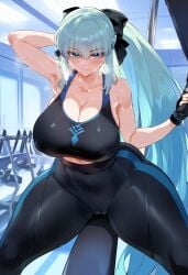 ai_generated ass bangs bare_shoulders black_gloves blue_eyes blush breasts depressu fate/grand_order fate_(series) female fingerless_gloves gloves gym heavy_breathing large_breasts long_hair looking_at_viewer morgan_le_fay_(fate) open_mouth partly_fingerless_gloves silver_hair solo spread_ass