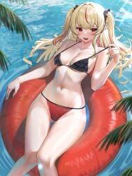 1girls 2d 2d_(artwork) alternate_costume belly_button bikini bikini_bottom bikini_top black_bikini_top blonde_hair bra day eternals_(idol_corp) female female_focus female_only high_resolution highres idol_corp idol_es latam_virtual_youtuber light-skinned_female light_skin looking_at_viewer lp0000 outdoors pigtails red_eyes ruby_runeheart slim_girl small_breasts smiling smiling_at_viewer solo solo_female solo_focus summer swimsuit thong thong_bikini two_piece_swimsuit virtual_youtuber vtuber vtuberfanart water young younger_female