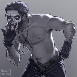 black_and_white claws facepaint ghost_band ghost_bc gloves hairy laced_pants lewd_gesture monochrome nekro_nyancer nipple_piercing papa_emeritus_iii piercing piercings piercings_on_nipples rosary shirtless tagme tongue tongue_out tongue_piercing undressing