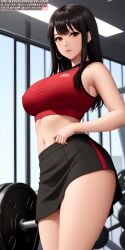 ai_generated ai_hands anime anime_style big_breasts black_hair black_skirt breasts brown_eyes female female_only gym red_top skirt soli_sketch solo solo_female thick_thighs white_skin