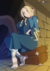 1girls big_breasts blonde_hair chest delicious_in_dungeon drakonaskar dungeon dungeon_meshi elven feet female female_only magic marcille_donato no_nude patreon solo treasure