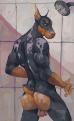 anthro balls canid canine canis casual_nudity dobermann domestic_dog flaccid foreskin fur genitals hi_res humanoid_genitalia humanoid_penis male mammal manly muscular muscular_male nemera nude penis pinscher solo