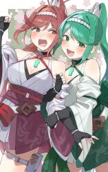 2girls bare_shoulders big_breasts chest_jewel cleavage core_crystal core_crystal_(xenoblade) detached_sleeves fingerless_gloves glimmer_(xenoblade) gloves halterneck high_ponytail high_res japanese_clothes kimono kinagi_(3307377) long_hair looking_at_viewer milf mother_and_daughter nintendo pneuma_(xenoblade) ponytail red_hair smile swept_bangs white_kimono xenoblade_(series) xenoblade_chronicles_2 xenoblade_chronicles_3 xenoblade_chronicles_3:_future_redeemed