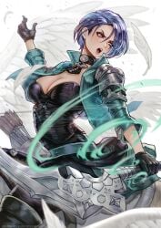 1girls angry arrow_(projectile) blue_hair bow_(weapon) breasts choker cleavage female female_only fire_emblem fire_emblem:_three_houses gloves horse horseback_riding jacket large_breasts long_sleeves looking_down magion02 nintendo open_mouth pants pegasus purple_eyes quiver riding shamir_nevrand short_hair solo weapon