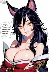 ? ahri ai_generated bare_shoulders bboing_ai big_breasts black_hair blackmail braided_ponytail cleavage clenched_teeth crossed_arms default_ahri fox fox_ear fox_ears fox_girl league_of_legends league_of_legends:_wild_rift open_mouth slit_pupils smile speech_bubble yellow_eyes