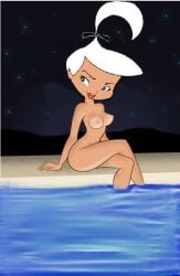 1girls 2d artful_bodger breasts female female_only hanna-barbera judy_jetson medium_breasts nipples nude nude_female poolside sitting solo swimming_pool tanline tanlines the_jetsons white_hair