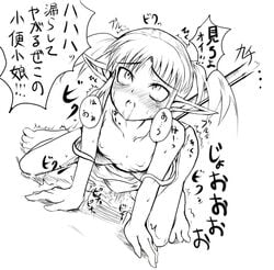 blush camisole copyright_request cum cum_inside doggy_style female flat_chest from_behind fucked_silly monochrome no_bra open_mouth peeing pointy_ears pussy_juice rolling_eyes saliva short_twintails strap_slip tail tears text tied_hair translation_request twintails yamoto