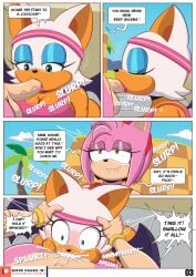 amy_rose anthro athletic_wear balls bat big_ass bite biting_lip biting_own_lip blue_eyes bodily_fluids breasts comic cum cum_in_mouth cum_inside dialogue duo english_text eulipotyphlan fellatio futanari genital_fluids genitals grabbing_head green_eyes gynomorph hedgehog hi_res humanoid_genitalia humanoid_penis ike_marshall intersex intersex/intersex lipstick makeup mammal oral oral_penetration penetration penile penis pink_body profanity rouge_the_bat sega self_bite sex sonic_(series) sonic_the_hedgehog_(series) text yuri