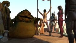 3d 3girls alexbridger ankles_tied ass black_hair boba_fett bodysuit braided_hair brown_hair bubble_butt catsuit dancer dancer_outfit fishnets green_skin harem harem_girl harem_outfit hutt imminent_punishment imminent_whipping jabba_the_hutt jawa long_hair mandalorian_armor melina_carniss on_display oola princess_leia_organa sail_barge slave slave_collar slave_leia slave_outfit slavegirl star_wars tatooine twi'lek whip wrists_tied