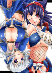 1futa 1girls azul_(armor) bad_id bad_pixiv_id breasts capcom cleavage cum earrings female fishnets futanari hairband hunter_(monster_hunter) intersex jewelry long_hair midriff monster_hunter monster_hunter_freedom_unite monster_hunter_frontier multiple_girls nargacuga_(armor) nipples penis pochi_(pochi-goya) purple_eyes red_eyes saliva source_request tongue underboob wink year_request