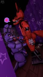 3d_(artwork) absurd_res animatronic anthro ball_grab balls bedroom_eyes bonnie_(fnaf) bow_(feature) bow_tie canid canine curtains digital_media_(artwork) drawings duo erection five_nights_at_freddy's fox foxy_(fnaf) genitals glowing glowing_eyes half-closed_eyes hand_on_leg hand_on_thigh heart_symbol hi_res kneeling lagomorph leporid machine magazine male male/male mammal masturbation narrowed_eyes nsg_editor nude open_mouth penis pink_eyes purple_body rabbit red_body robot scottgames seductive side_butt smile source_filmmaker_(artwork) tail teeth tongue tongue_out watermark