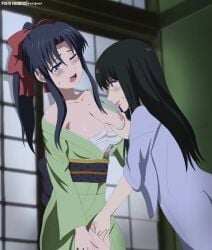 2girls black_hair blue_eyes blue_hair blush breasts censored female fingering fingering_partner hair_ribbon human japanese_clothes kaoru_kamiya kimono kurigami large_breasts long_hair megumi_takani nipples pale-skinned_female pale_skin ponytail pussy rape rurouni_kenshin sarashi sash shounen_jump traditional_clothes yuri