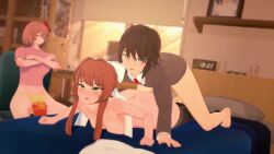 1boy 2girls 3d 3d_animation ahe_gao ahegao animated ass bed bedroom blue_eyes blush blushing bored camera cheating clock coral_pink_hair cuck cuckquean cum cum_inside cum_on_ass cum_on_body doggy_style doki_doki_literature_club excited exhibitionism female female_penetrated food fries from_behind green_eyes implied_penetration koikatsu light_brown_hair longer_than_30_seconds male mashirosolera mcdonalds_mom_animation monika_(doki_doki_literature_club) naked_female on_bed panties partially_clothed phone player_(doki_doki_literature_club) prone_bone red_bow sayori_(doki_doki_literature_club) school_uniform sex shorter_than_one_minute sitting sitting_on_chair sound sound_effects stockings t-shirt talking talking_to_another talking_to_partner video voyuerism watching watching_sex white_ribbon