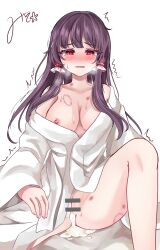 after_sex alternate_costume bar_censor bite_mark bite_mark_on_breast bite_mark_on_thigh blush breasts brown_hair censored commentary_request cum cum_in_pussy cumdrip female frilled_hair_tubes frills hair_tubes hakurei_reimu highres long_hair looking_at_viewer mito_(fate) nipples open_mouth red_eyes reimu_hakurei signature solo spread_legs sweat tears touhou trembling