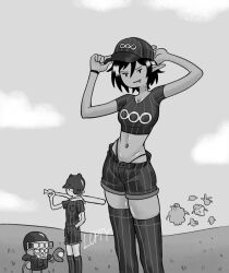 1boy 2girls adventure_time baseball baseball_(ball) baseball_(sport) baseball_bat baseball_cap baseball_field baseball_glove belly_button black_and_white black_hair booty_shorts cloud crown exposed_belly finn_the_human fully_clothed gray_background human lofty_(artist) looking_at_another looking_at_viewer lumpy_space_princess marceline panties pitcher short_hair smirk stockings vampire