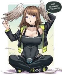 1girls absurdres armpits black_bodysuit black_jacket blue_eyes bodysuit breast_tattoo breasts brown_hair cleavage covered_navel cute english_text eunie_(xenoblade) feathers female fit_female full_body fully_clothed green_hoodie head_wings highres hood hoodie indian_style jacket large_breasts leather leather_jacket medium_hair navel_visible_through_clothes open_jacket open_mouth plumage posing ravenhart shedding shedding_feathers sitting sitting_indian_style sneakers solo speech_bubble sweatdrop tattoo tight_clothing toned tummy wings xenoblade_chronicles_(series) xenoblade_chronicles_3