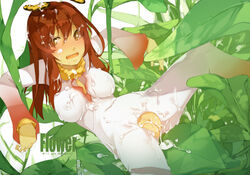 after_sex antenna antennae blush bodysuit brown_hair bukkake cum cum_inside cum_on_hair facial flower long_hair lying maruku monster_girl orange_eyes original plant_girl pussy spread_legs straight_hair uncensored