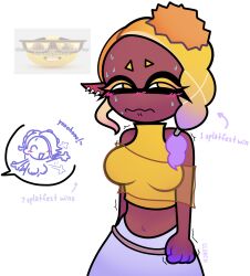 2girls annoyed artist_upload big_breasts blush boobs breasts clenched_fist dark-skinned_female dark_skin deep_cut_(splatoon) fist frye_(splatoon) hornygirlfail inkling midriff multiple_girls octoling purple_hair shiver_(splatoon) splatoon splatoon_3 yellow_hair