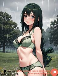 1girls ai_generated artist_name boku_no_hero_academia breasts commission female female female_only girl green_eyes green_hair green_lingerie lingerie long_hair looking_at_viewer medium_breasts my_hero_academia outdoors patreon patreon_username solo solo_female sultryspark teenager tsuyu_asui