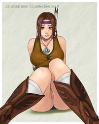 arm_support armband azasuke bare_shoulders boots braid brown_eyes brown_hair censored closed_legs cowboy_boots earrings feather_earrings feather_in_hair feathered_headband feathers female female_only hair_feather hair_feathers headband highres human jewelry julia_chang knees_together_feet_apart leaning_back looking_at_viewer namco native_american native_american_headdress necklace no_panties pov pubic_hair pussy sitting solo tank_top tekken tekken_3 tekken_4 tekken_5_dark_resurrection tekken_tag_tournament tied_hair twin_braids twintails