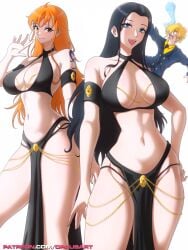 1boy 2girls bare_arms bare_legs bare_shoulders bare_thighs big_breasts black_hair blonde_hair blue_eyes blush color dress female harem_outfit hi_res inner_sideboob large_breasts light-skinned_female light_skin long_hair looking_at_viewer male male/female nami nami_(one_piece) nico_robin nosebleed one_piece opalisart orange_eyes orange_hair pelvic_line post-timeskip short_hair shounen_jump tagme tattoo thick_thighs vinsmoke_sanji yomorio_lingerie