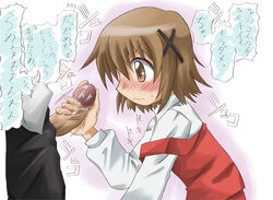 brown_eyes brown_hair censored handjob hidamari_sketch penis pink_background precum school_uniform short_hair translated translation_request white_background yoshiwo_(kanikama) yuno