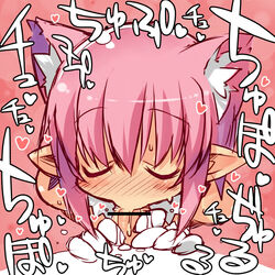 animal_ears blush cat_ears censored closed_eyes copyright_request cum cum_in_mouth deathlock-san fellatio multi_ear oral penis pink_hair pointy_ears pov two-handed_handjob zankuro