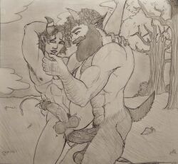 anal anal_sex beard bearded big_balls big_penis cum cum_from_ass cum_from_penetrated curly_hair facial_hair gay gay_sex george_(character) goat_ears goat_horns goat_tail hairy hairy_arms hairy_chest hairy_male hand_on_chin horns hunk looking_at_partner looking_pleasured low_hanging_balls manly messy_hair muscle muscular muscular_male oc outdoor outdoor_sex outside outside_sex passionate passionate_sex pencil_(artwork) satyr side_fuck sidefuck sketch sodomy standing_on_one_leg standing_sex tail thick_penis tiefling traditional_art traditional_media traditional_media_(artwork) twitching_balls veiny_penis