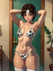 1girls ai_generated armpits bikini brown_eyes brown_hair cow_print cow_print_bikini cowboy_shot curtains_match_windows female hands_behind_head headband indoors light-skinned_female light_skin looking_at_viewer makimass_ai sakura_kasugano short_hair smile solo street_fighter tying_headband