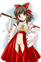 breasts brown_hair detached_sleeves female female_only gohei hair_tubes hakama highres human japanese_clothes long_hair miko nipples no_bra no_panties pubic_hair pussy reimu_hakurei revealing_clothes solo torn_clothes touhou uncensored yuzu_momo