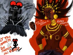 1girls african african_female breasts dark-skinned_female dark_nipples dark_skin female female_focus female_only french_text gold_(metal) gold_jewelry karaba kirikou_and_the_sorceress long_hair mature_female milf nipples rosy-gingerpear sketchdump spiky_hair topless topless_female translation_request