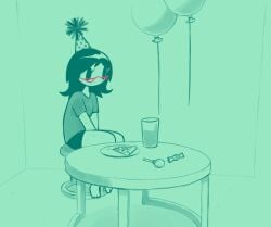 2024 ambiguous_gender balloon birthday black_hair candy clothed comic drink eyelashes glasses human lolipop page_1 pizza red_glasses screwroot scrib_(screwroot) shorts stool table toony toony_eyes