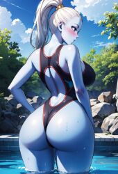 ai_generated alex-schura alex_schura angel_(dragon_ball) big_ass blue_body blue_eyes blue_skin blush dragon_ball dragon_ball_super gigantic_ass huge_breasts huge_butt large_breasts mature_female milf one-piece_swimsuit ponytail pool shounen_jump squatting sweat sweatdrop vados voluptuous voluptuous_female white_hair