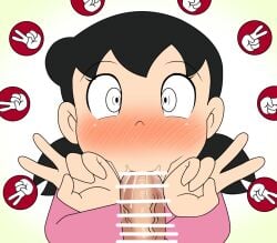 :>= black_hair blush cum doraemon fellatio female penis pink_shirt shizuka_minamoto white_background