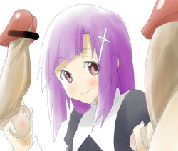 1girls 2d ball_caress balls bar_censor censor_bar censored censored_penis clothing cross crotch_grab double_handjob female hair_ornament hairpin handjob holding_balls kannagi male multiple_penises penis purple_hair shibasaki smile testicles zange zzz