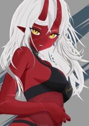 akumi female horns looking_at_viewer oni oni_horns red_skin scars virtual_youtuber vyugen white_hair yellow_eyes