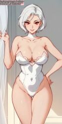 ai_generated anime anime_style big_breasts breasts choker dress female female_only legs nipples_visible_through_clothing red_eyes soli_sketch solo solo_female thick_thighs thighs white_dress white_hair