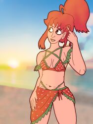 1girls beach beach_background bikini bikini_skirt bulge_through_clothing celeste_(game) chubby chubby_female fidgeting looking_away madeline_(celeste) ohms_(artist) painted_nails ponytail red_hair safe_for_work smile tagme